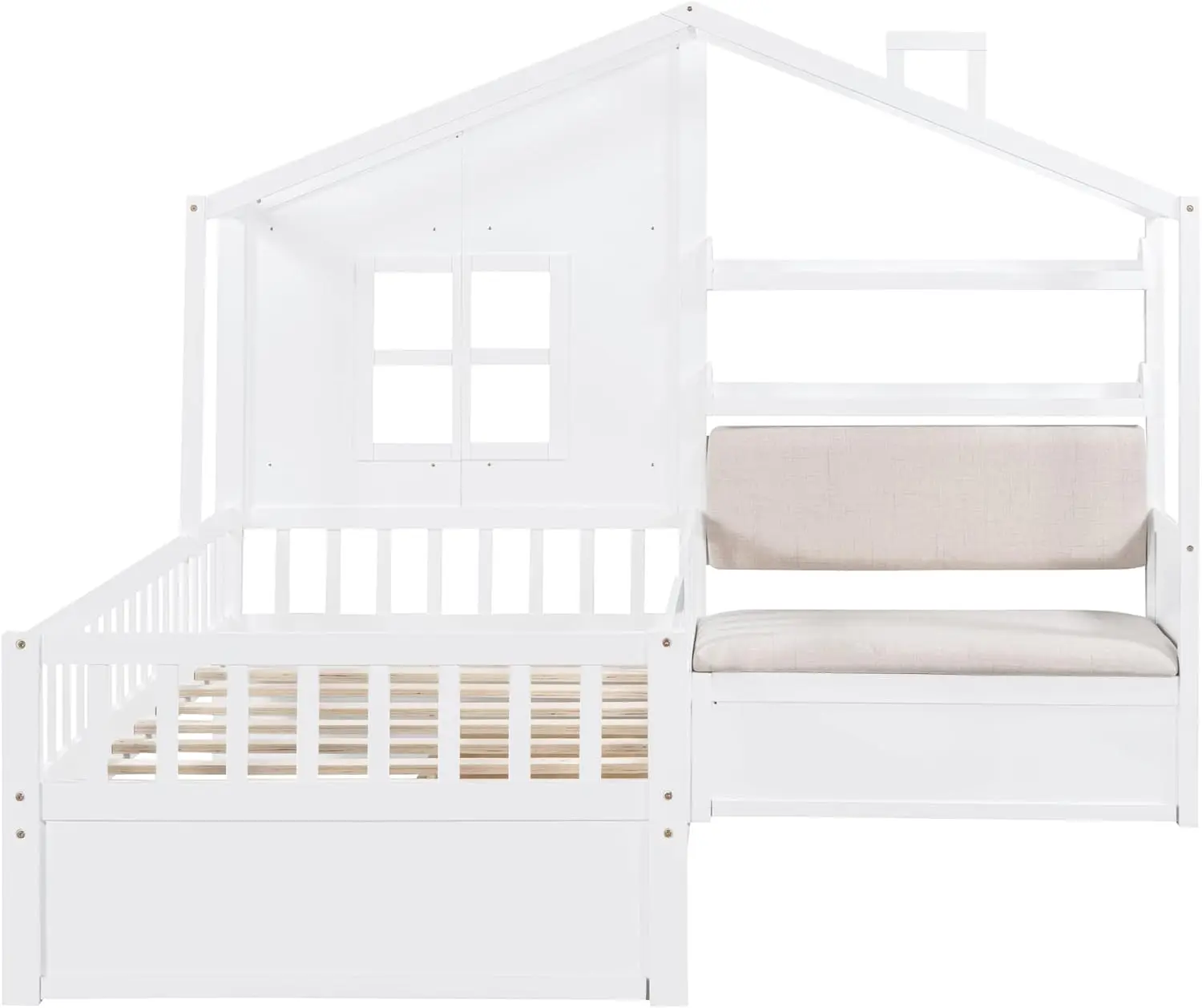 Penifun-Modern Wooden House Cama Plataforma com sofá, Triangular Roof Sleeper, Twin Daybed Tamanho, prateleira de armazenamento, 2 gavetas