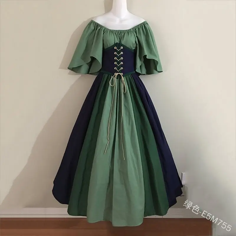 

Love Live Cosplay Dress Women Medieval Retro Contrasting Color One Shoulder Slim Swing Outfit for Halloween Anime Convention