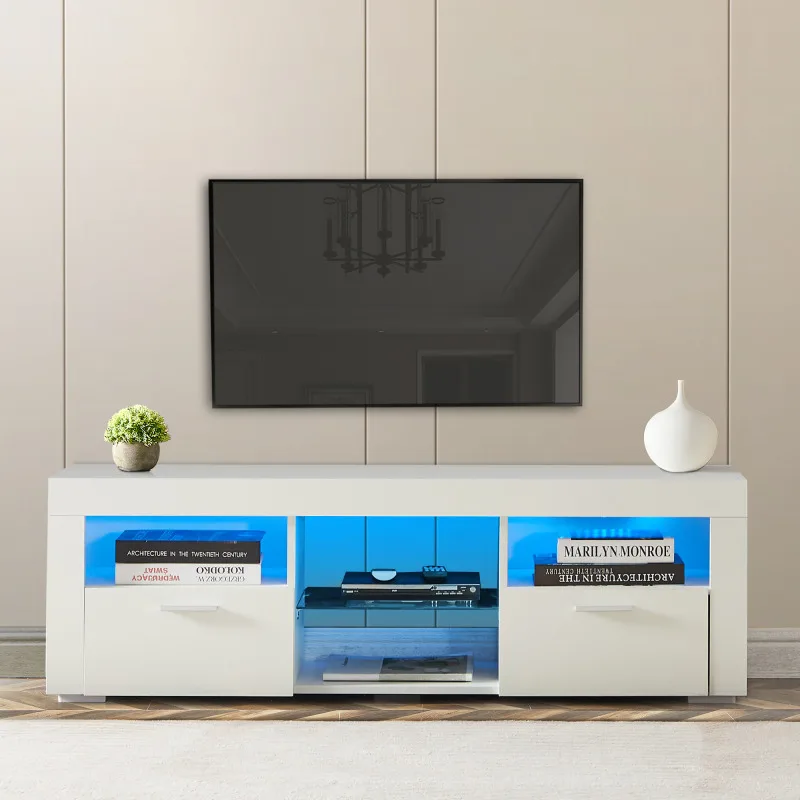 Black Morden TV Stand With LED Lights High Glossy Front TV Cabinet Can Be Assembled In Lounge Room Living Room Or Bedroom Color