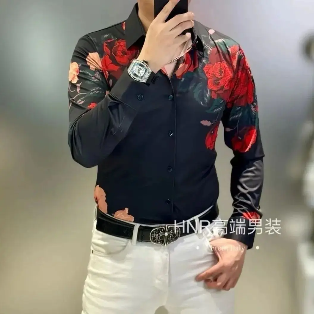 Rose Print Long Sleeved Men's Shirt for Spring and Autumn High-end Casual Versatile Light Luxury Shirt