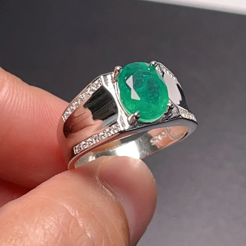 

925 Silver Gemstone Ring for Men 7mm*9mm 1.5ct Man Made Emerald Color Crystal Ring with Gold Plated Classic Silver Men Jewelry