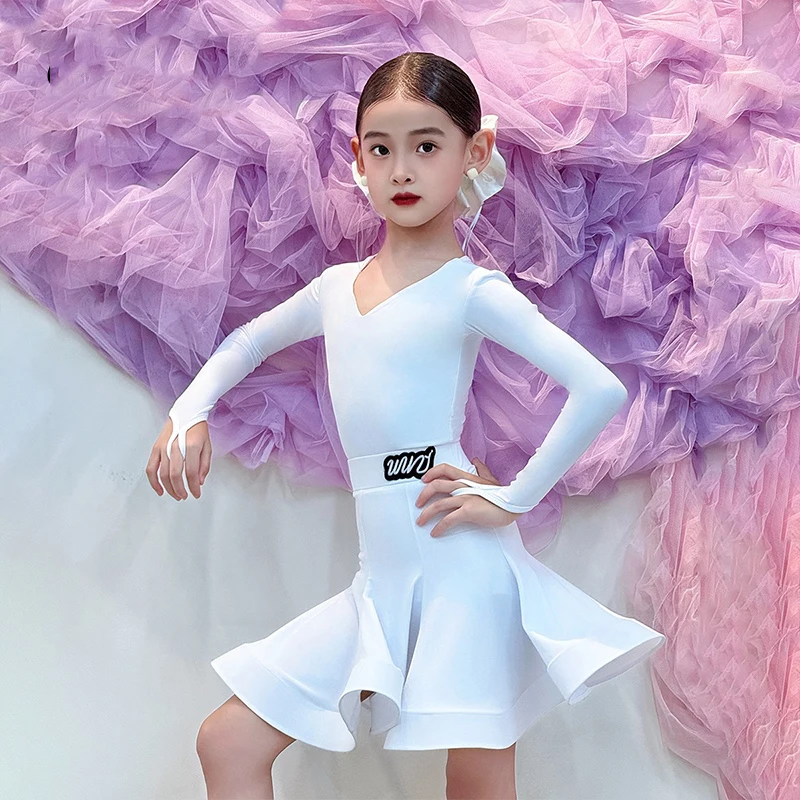 2025 어린이 라틴 댄스 대회 의상 소녀 긴 소매 드레스 차차 룸바 삼바 댄스 연습 훈련 드레스 DNV24831
