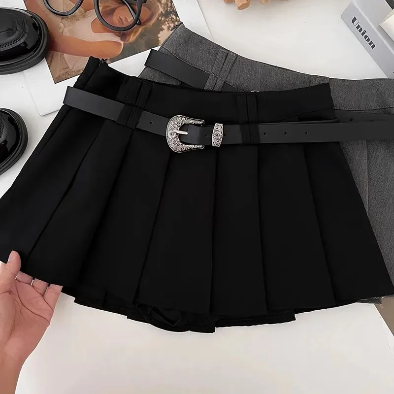 Y2K Black with Belt Pleated Skirts Women Summer High Waist All-Match A-Line Skirts Harajuku Preppy Casual Mini Skirts New