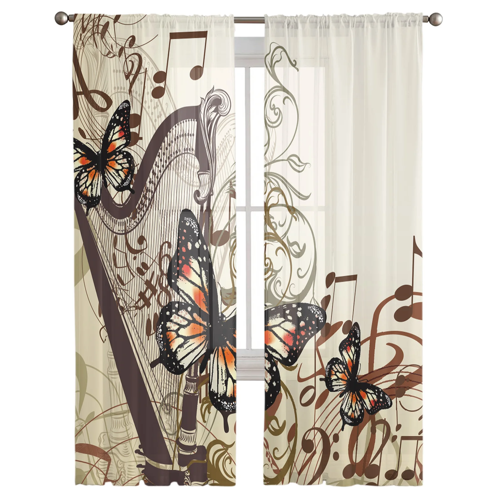 

Music Insect Butterfly Art Design Harp Eight Tone Notes Living Room Kitchen Chiffon Curtain Youth Bedroom Sheer Floor Curtain