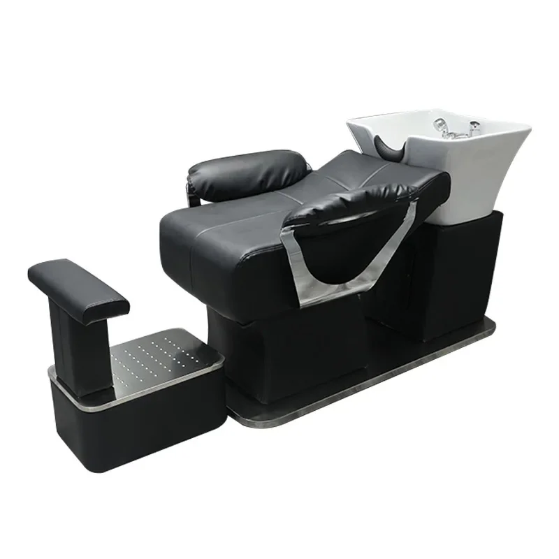 Professional Black Leather Soft and Comfortable Stainless Steel Base Irregular Basin Shampoo Bed