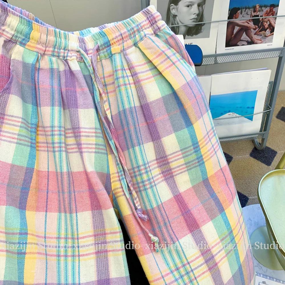 Color plaid wide-leg pants women's summer high waist retro Joker design loose p… - Image 5