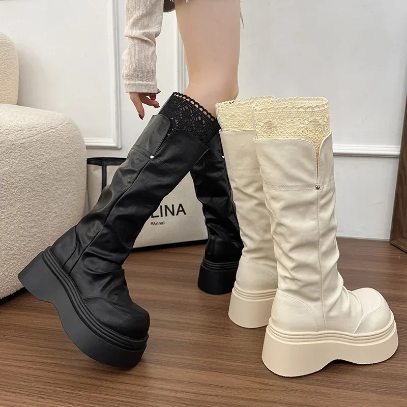

2026 Gothic Lace Platform Women Knight High Boots Fashion Height Increase Leather Long Botas Vintage Heeled Shoes for Women