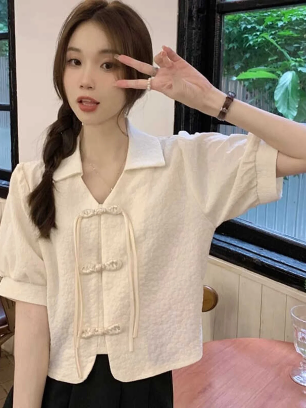 

Ретро-рубашка с коротким рукавом и рукавами-фонариками, белая, модный дизайн, летняя новинка, женская мода, свободный крой, стильная.