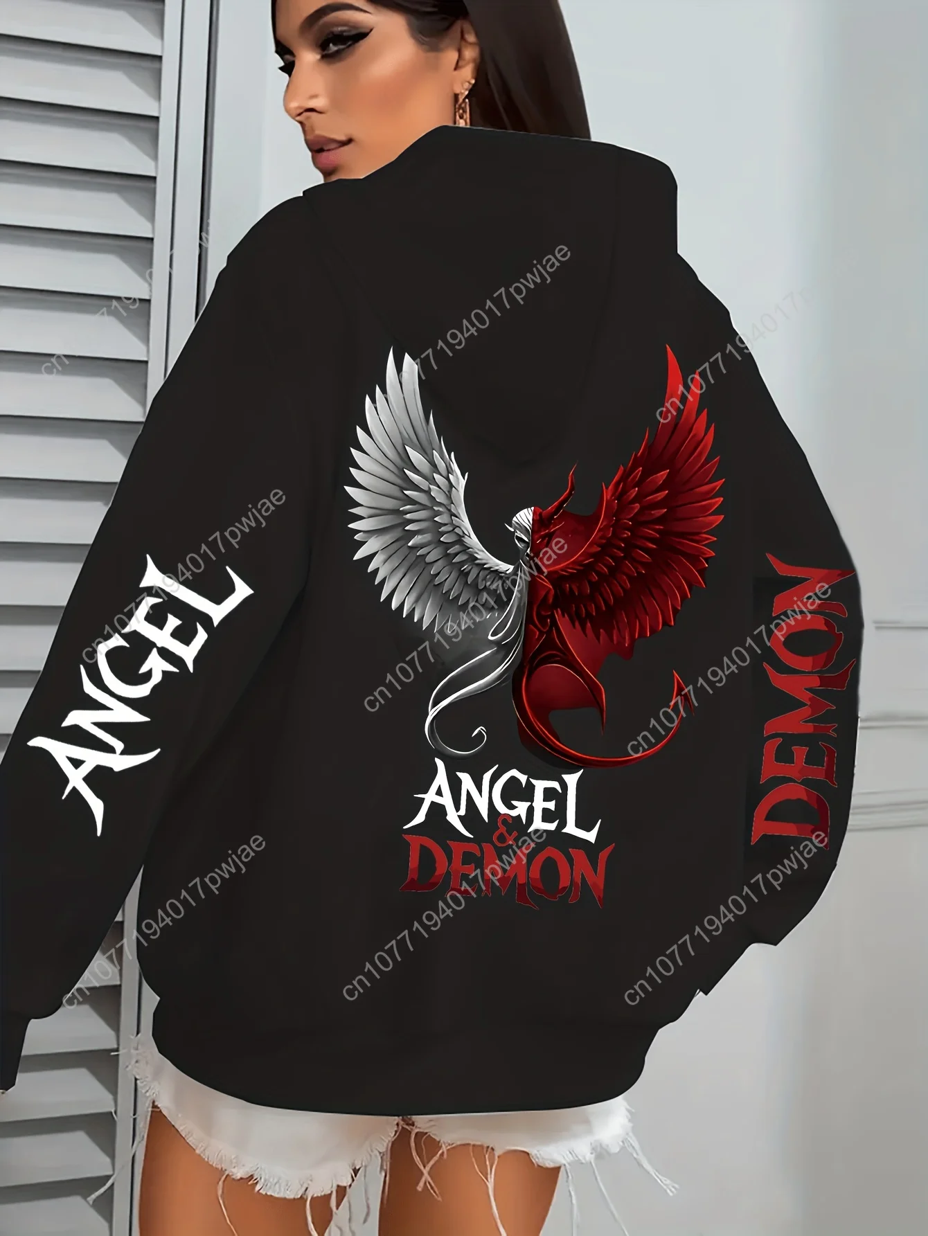 Sweater Berkerudung dengan Cetakan Malaikat dan Iblis |   Jaket Zip-up Modis dengan Kantong, Nyaman untuk Musim Gugur/Musim Dingin