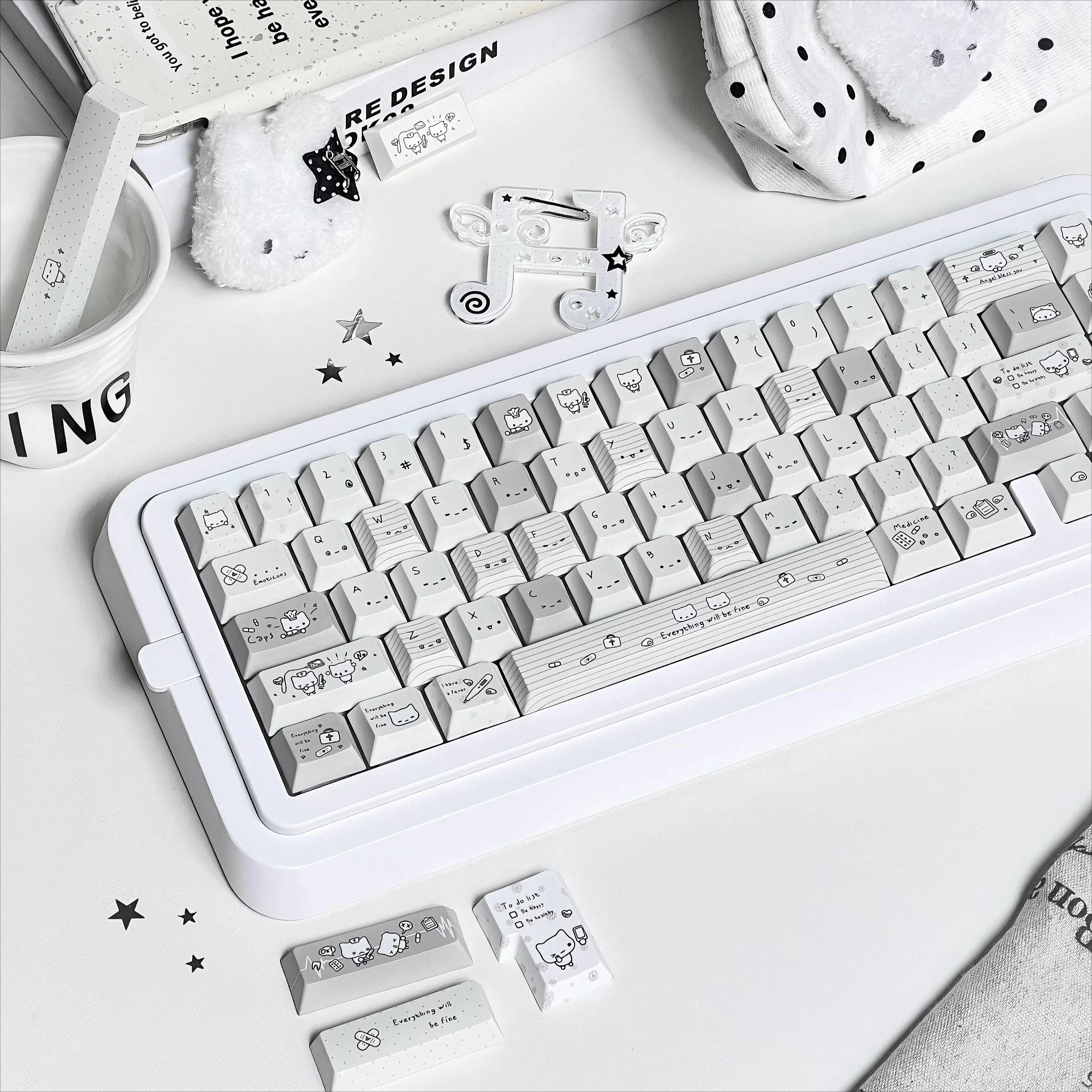 Emoticon Gray Color Scheme Theme Keycaps Set PBT MOA Cherry Profile Custom Original Handmade Keycaps for Mechanical Keyboard