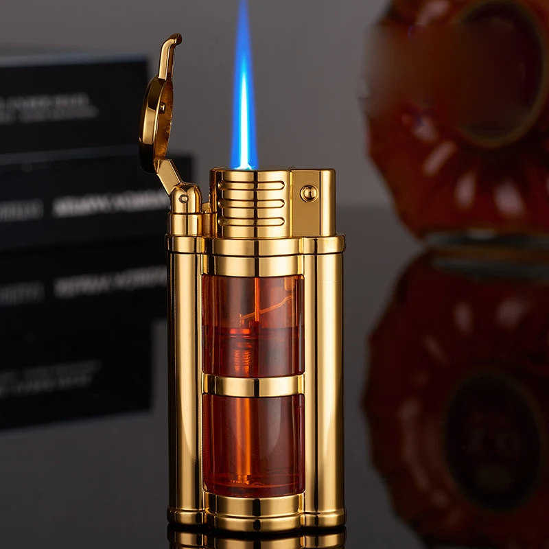 Creative Mechanical Butane Gas Lighter Metal Outdoor Windproof Blue Flame Turbo Jet Transparent  Warehouse Recycle Lighters Gift