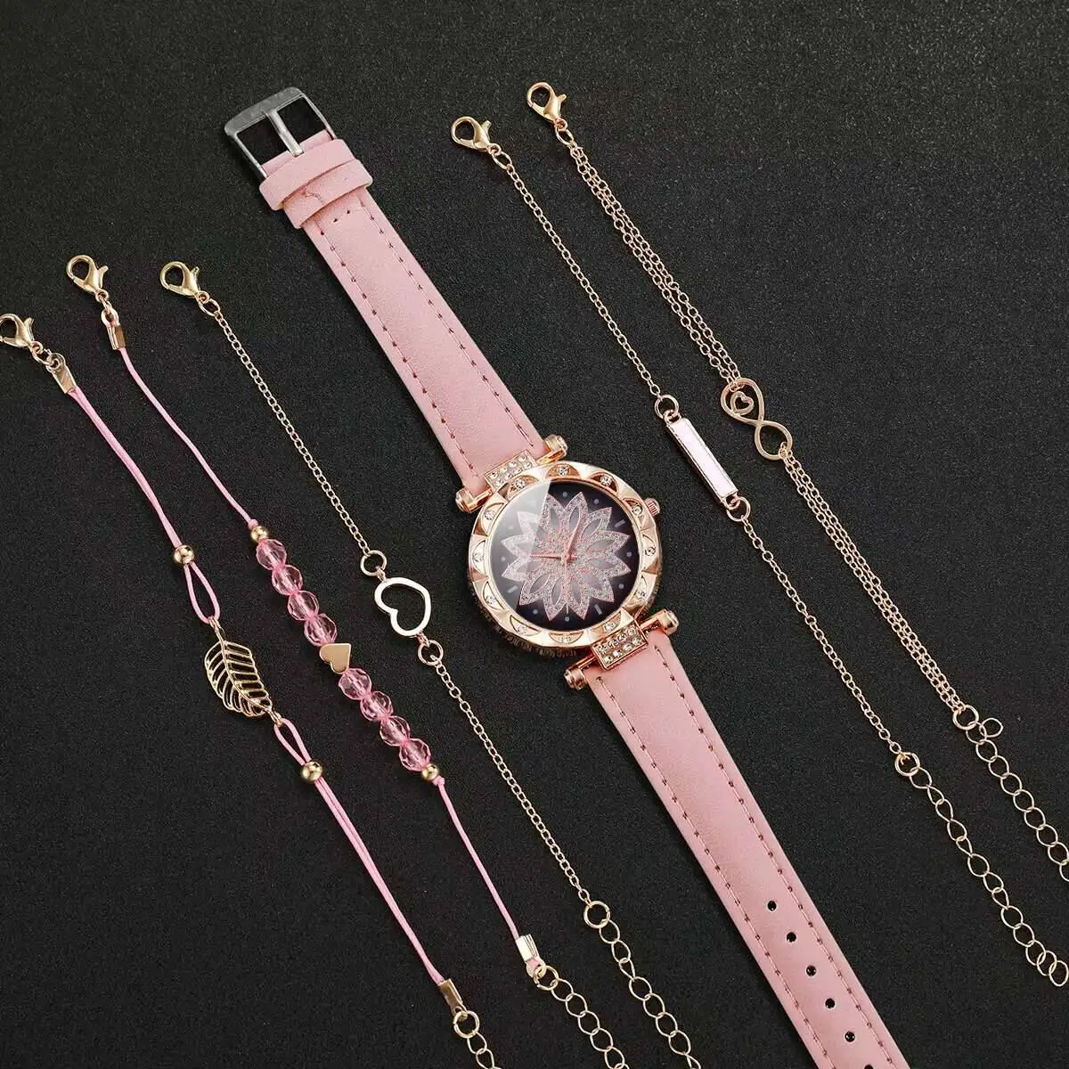 ชุดกำไลข้อมือแฟชั่นสำหรับผู้หญิงสายหนังลำลองสำหรับผู้หญิงหน้าปัดลายดอกไม้6ชิ้น/เซ็ต (ไม่รวมกล่อง)