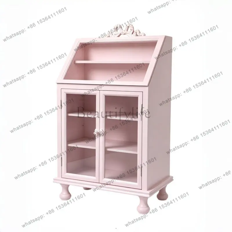 PG French carved solid wood dining side cabinet glass living room display dopamine pink figure display cabinet