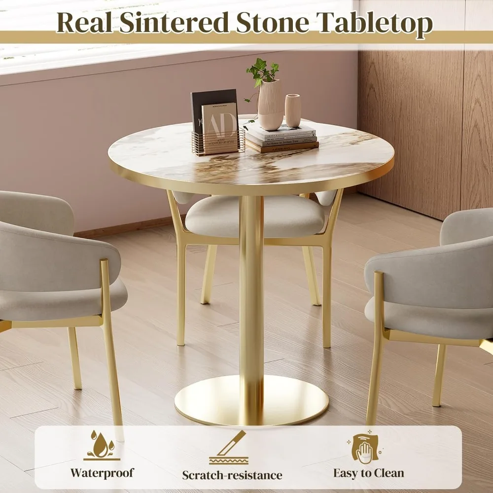 Mesa de cocina moderna Tulip, mesa de comedor redonda con tablero de piedra sinterizada, borde y base dorados, mesa de bistró para 2-4 personas