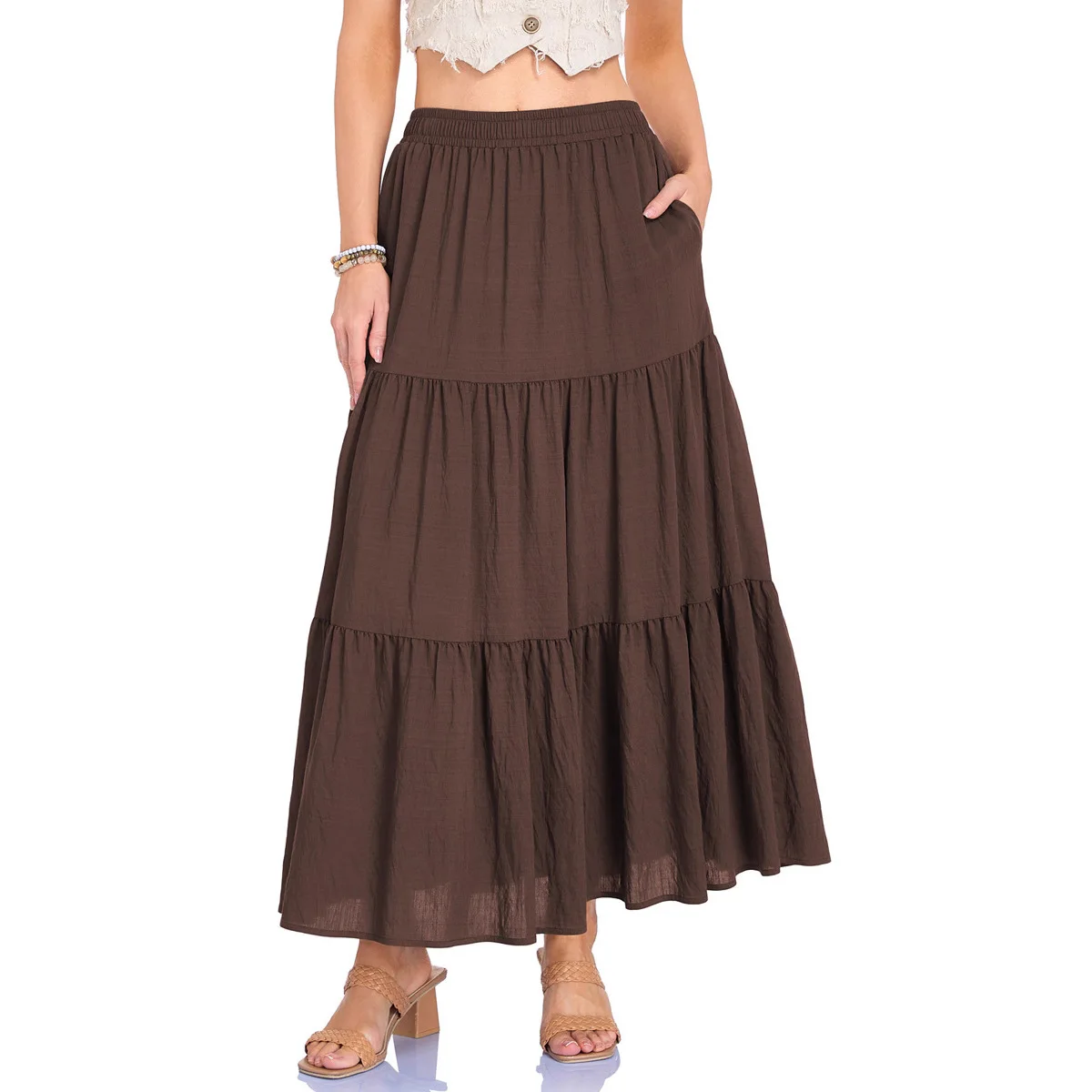 

2026 Women's Summer Fashion New Daily Solid Color Comfortable Three-section Pocket High Waist Casual Mid-length Skirt for Women