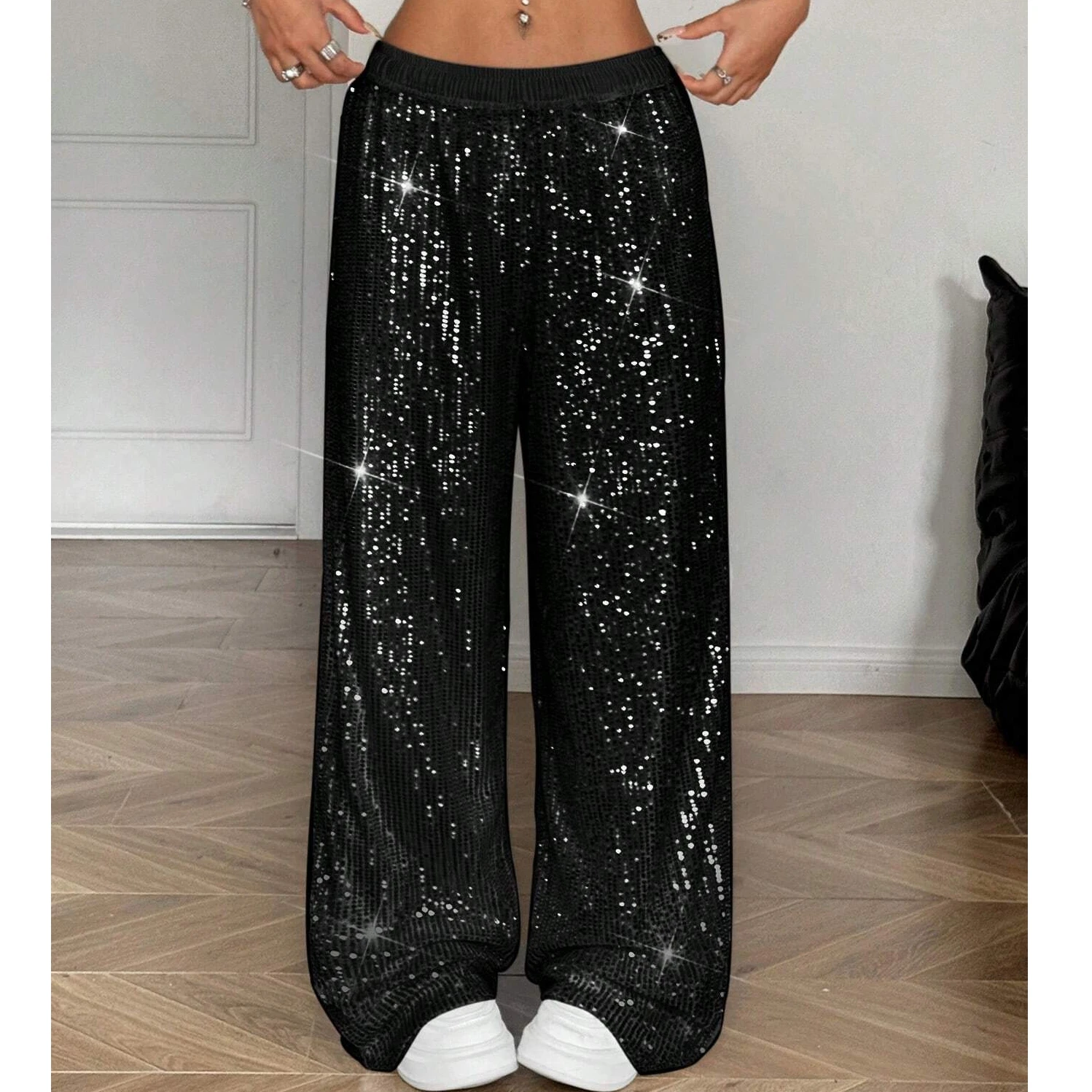 Y2K Women Wide Leg Pants Low Waist Shiny Sequins Loose Soild Color Casual Party Long Trousers Streetwear
