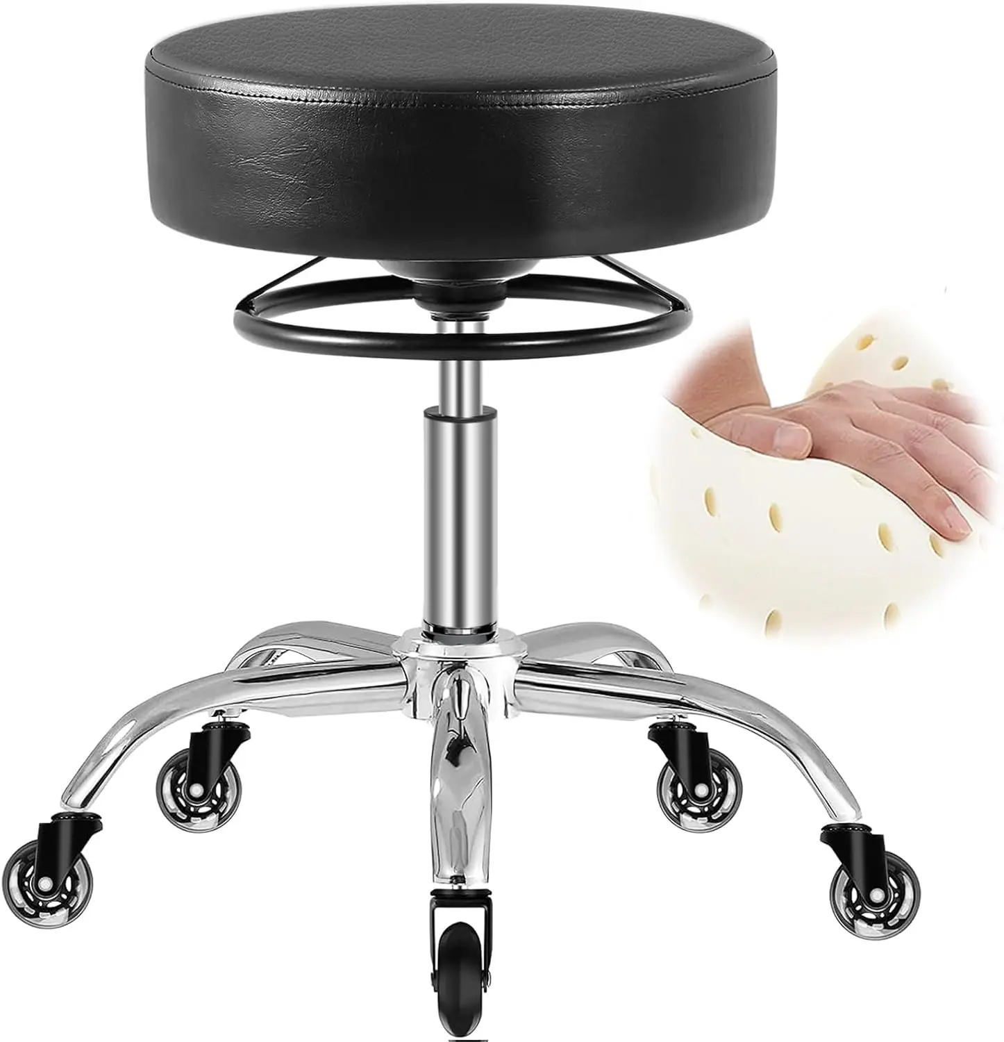 

Rolling Stool with Wheels 400lbs Capacity, Heavy Duty Adjustable Chair for Tattoo Salon Spa, 360 Swivel, Leather, Thick Seat