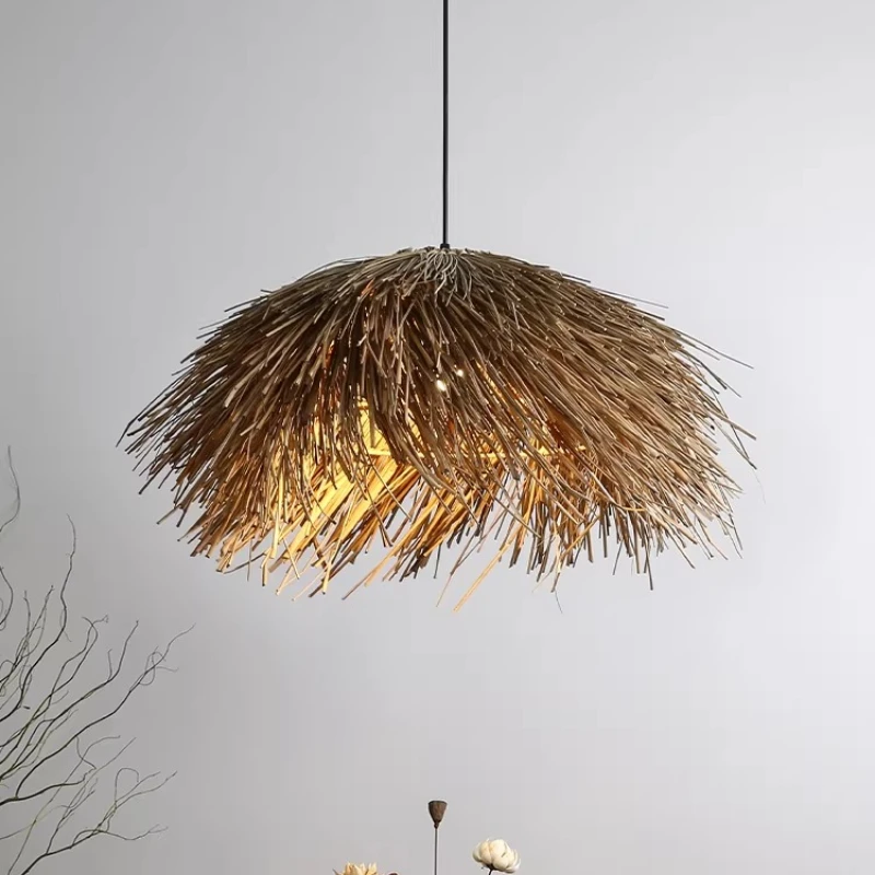 Wabi Sabi Rattan Woven Grass Pendant Lamp Handmade Artistic Lighting for Restaurant Bar Counter Hotel Home Decor Vintage Style