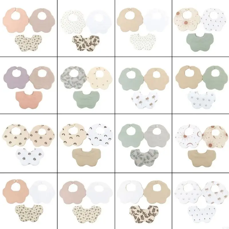

Q22D 3Pc Cotton Baby Bibs Set Boys Girls Absorbent Infant Burp Cloths Soft Breathable Feeding Bib with Adjustable Button
