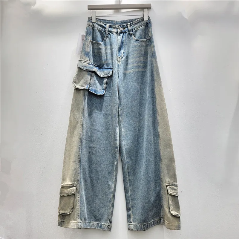 Contrast Color Cargo Pants Street Multi Pockets Washed Wide Leg Denim Pants Vintage Loose Casual Straight Trousers Fashion