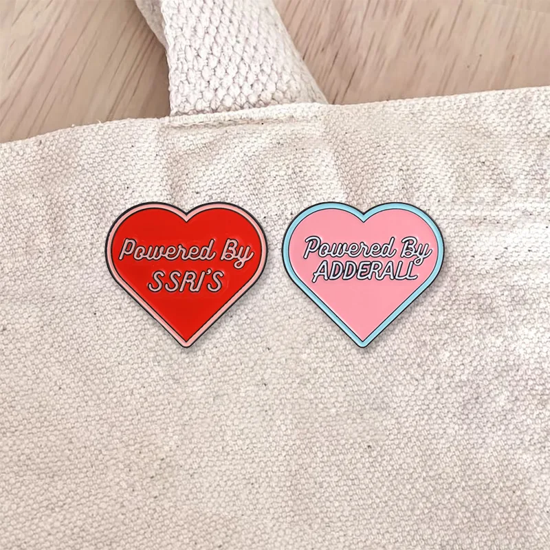 Powered By SSRIs Adderall Heart Enamel Badge Mental Health Humor Pin Brooch Jewelry Gifts For Friends