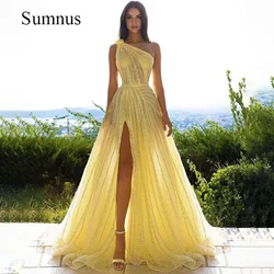 Sumnus Yellow Prom Dress Glitter One Shoulder Sequined Tulle Side Split Sexy Party Gowns A Line Dubai Arabia Evening Dress