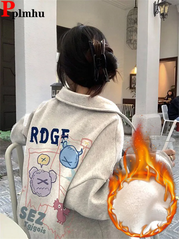 เสื้อกันหนาวพิมพ์ลายกราฟฟิตี้ผ้ากำมะหยี่น้ำหนักเบาสำหรับผู้หญิงเสื้อโค้ทเสื้อวอร์มลำลองทรงหลวมเสื้อโค้ทสำหรับผู้ชายฤดูใบไม้ร่วงและฤดูหนาว