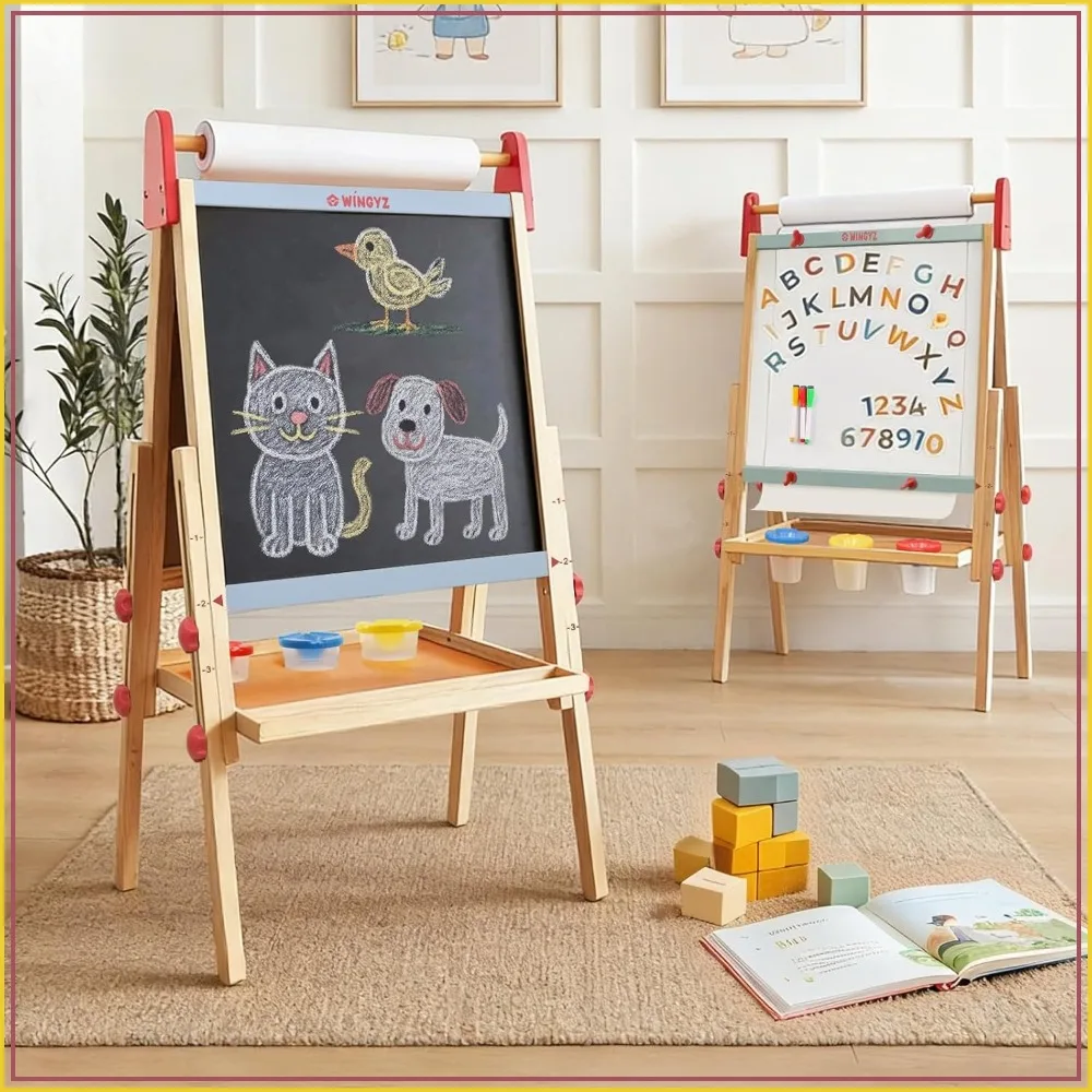 

3-in-1 Art Easel for Kids – Magnetic Whiteboard, Chalkboard & 400" Paper Roll, Adjustable Heights, Foldable