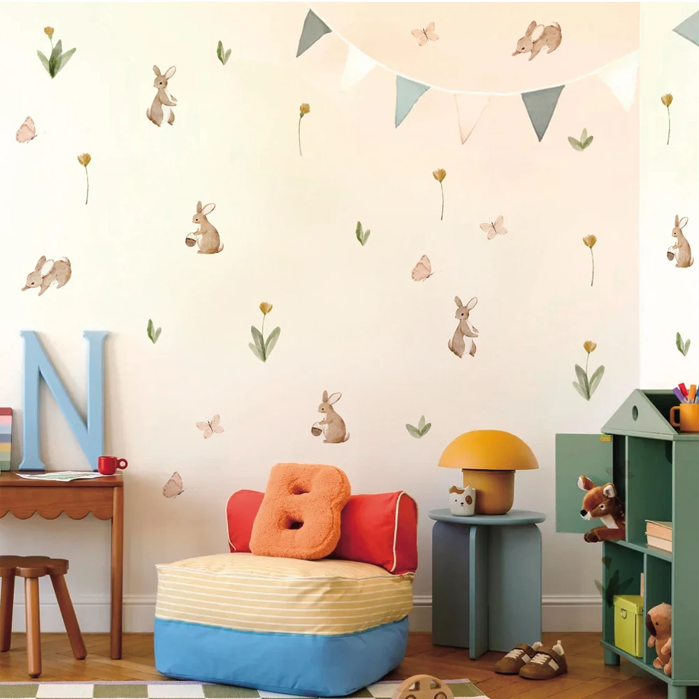 Summertime Watercolor  Cute Bunnies and Flowers Nursery Wall Decal, Peel and Stick  Reusable and Removable Kids Wall Stickers view 3