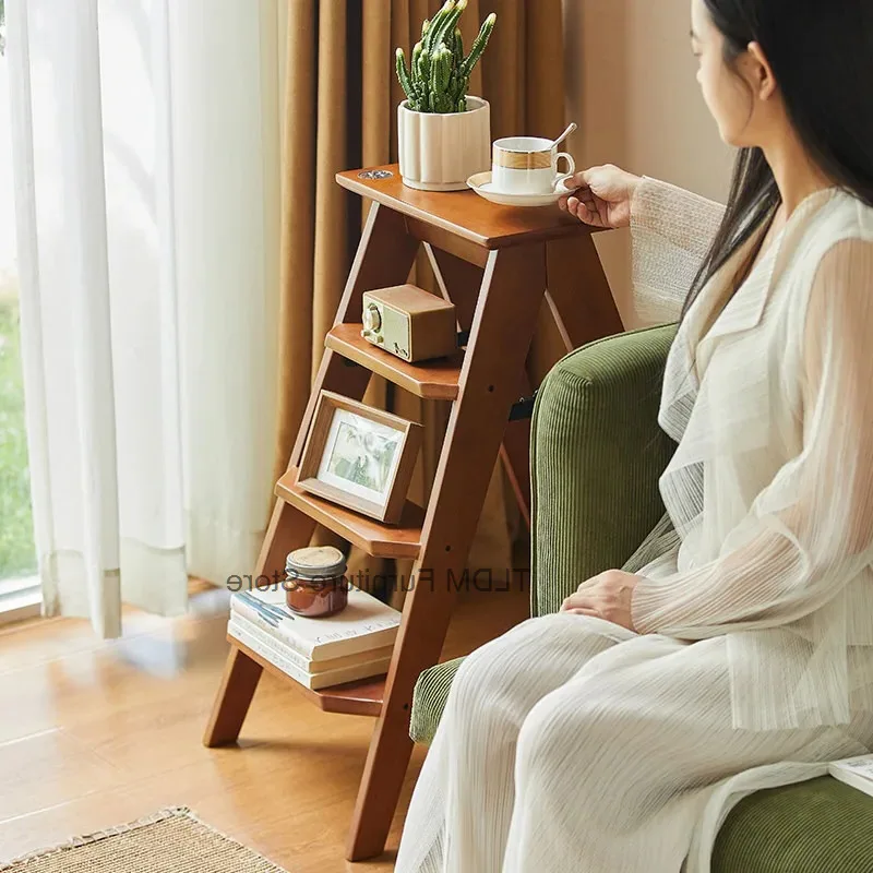 Side Rack Stool Multifunctional Ladder Solid Table Portable Household Access Wood for Kitchen Bedroom Step Balcony Storage