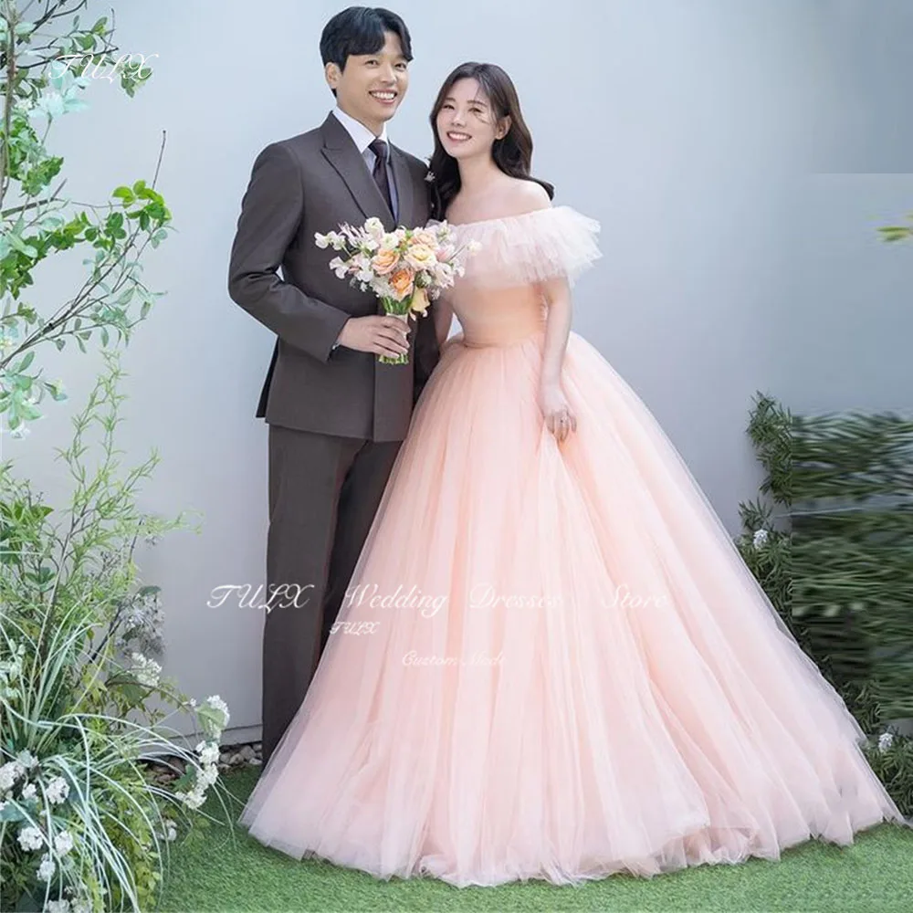 

TULX Off the Shoulder Pleat Korea Wedding Photo Shoot A Line Tulle Princess Pink Evening Dress Floor Length Corset Custom Made