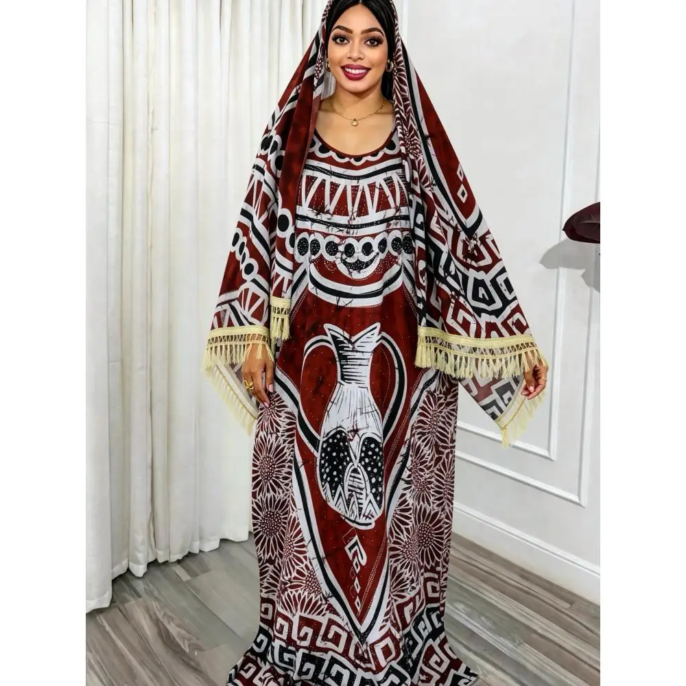 

Large Size Traditional Middle Eastern Abaya Robe with Matching Scarf Sequined Ethnic Printed Muslim