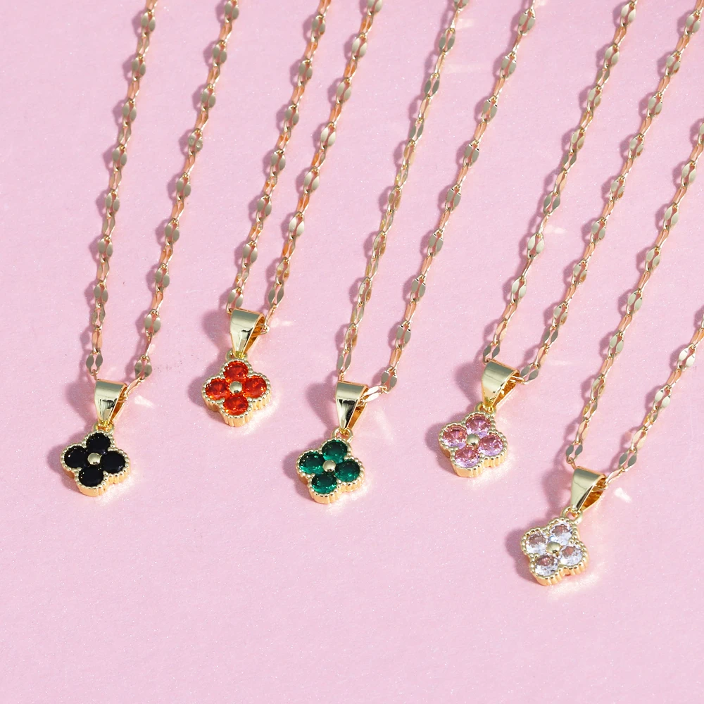 316L Stainless Steel Chain Violet Clover Pendant Necklace for Women Luxury Colored Crystal Neck Female Wedding Jewelry Gift