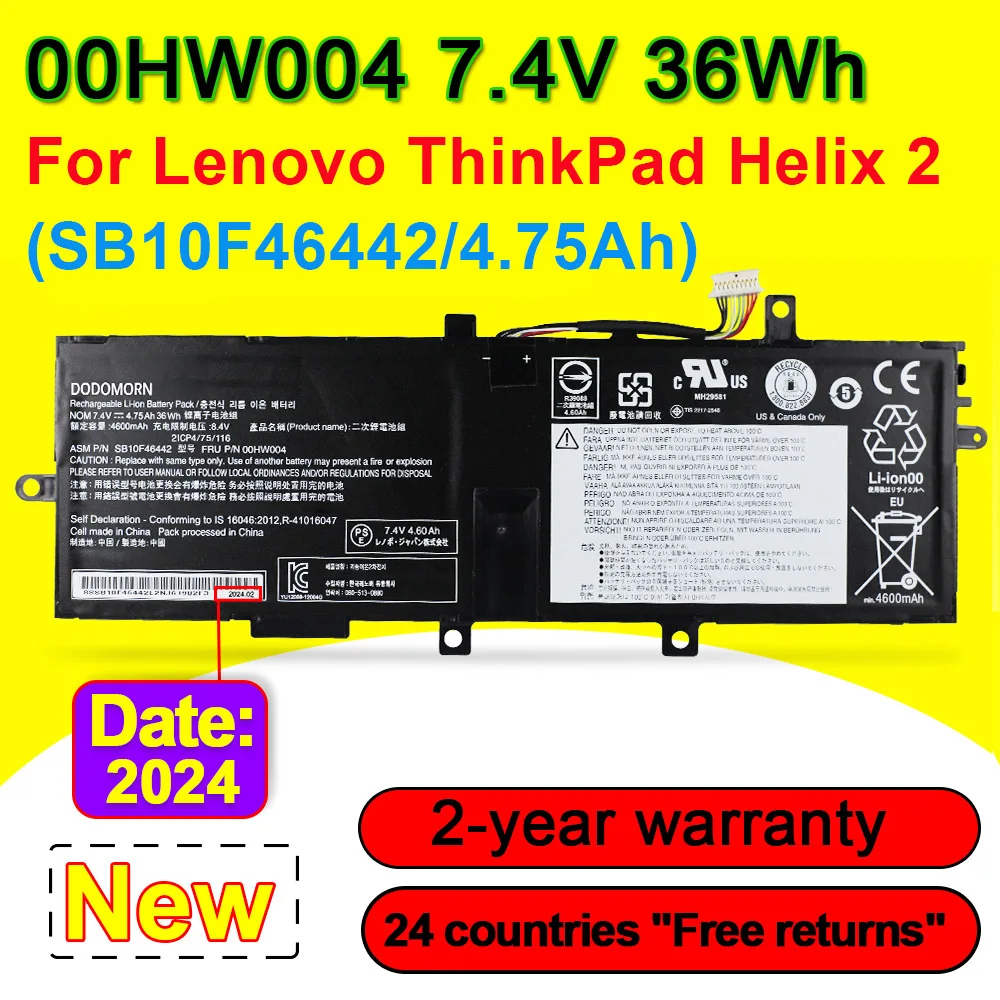 

00HW004 Battery For Lenovo ThinkPad Helix 2 20CG Seriers SB10F46442 00HW005 SB10F46443 2ICP4/75/116 Laptop Batteries 7.4V 36Wh