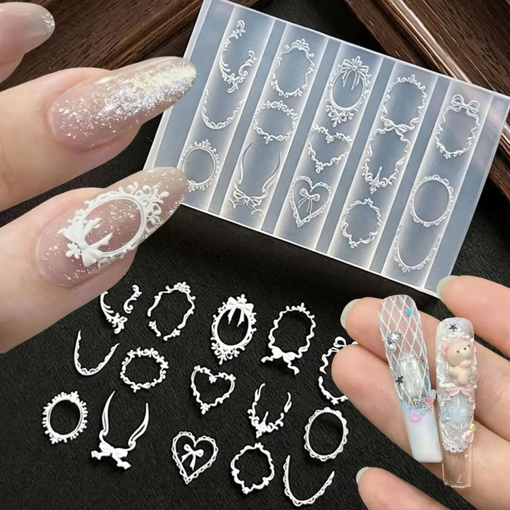 3D Lace Frame Silicone Nail Mold Heart Bow French Nail Carving Nail Template Resin Gel Nail Modeling Charms Manicure Tool6.2x4cm