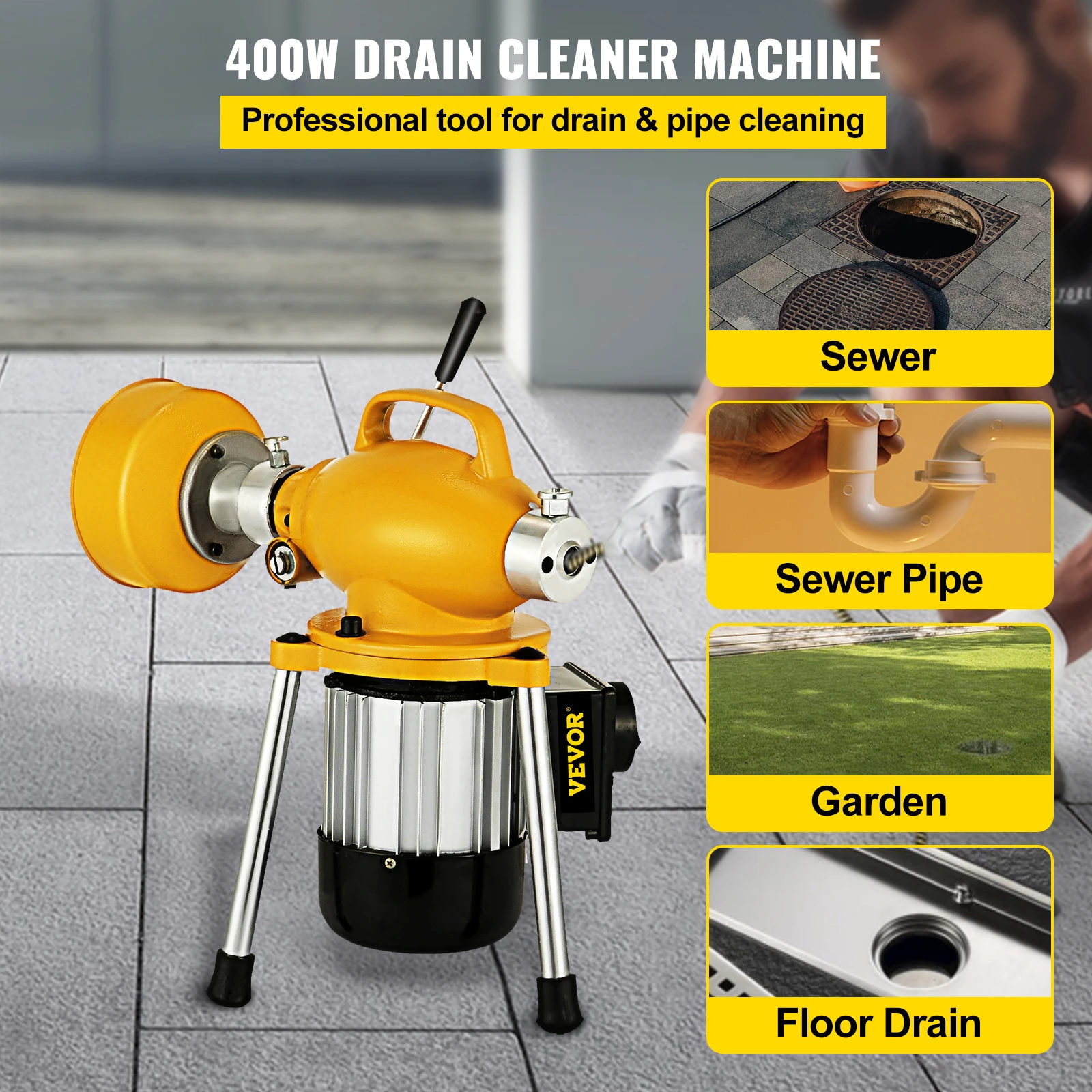 VEVOR Professional Dredge Machine 400W Electric Pipe Plunger Household Sink Sewer Toilet Blockage Tube Unblocker Cleaning Tools