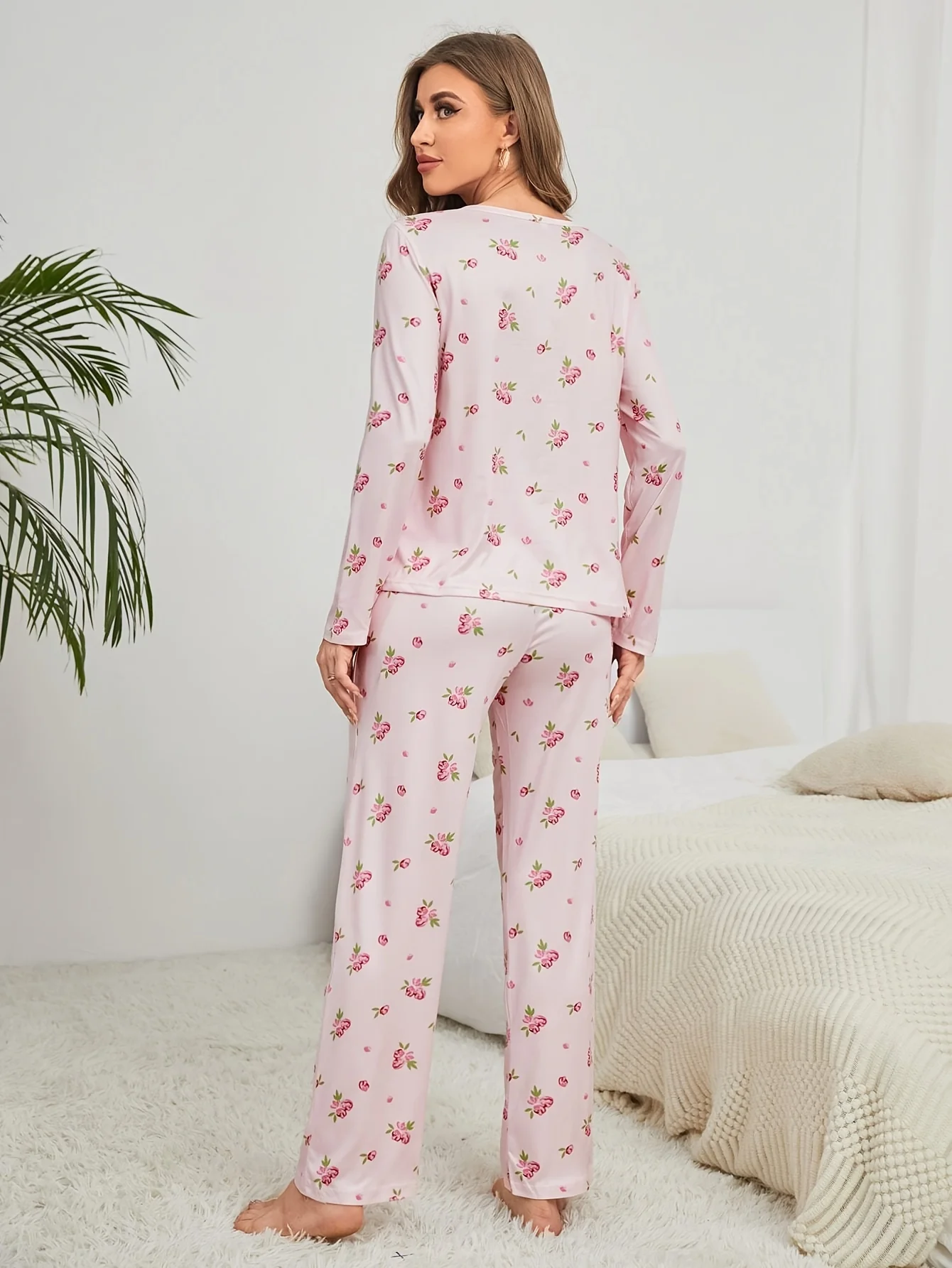 Women\'s pajamas set flower print long sleeve top and trousers comfortable two piece casual home wear