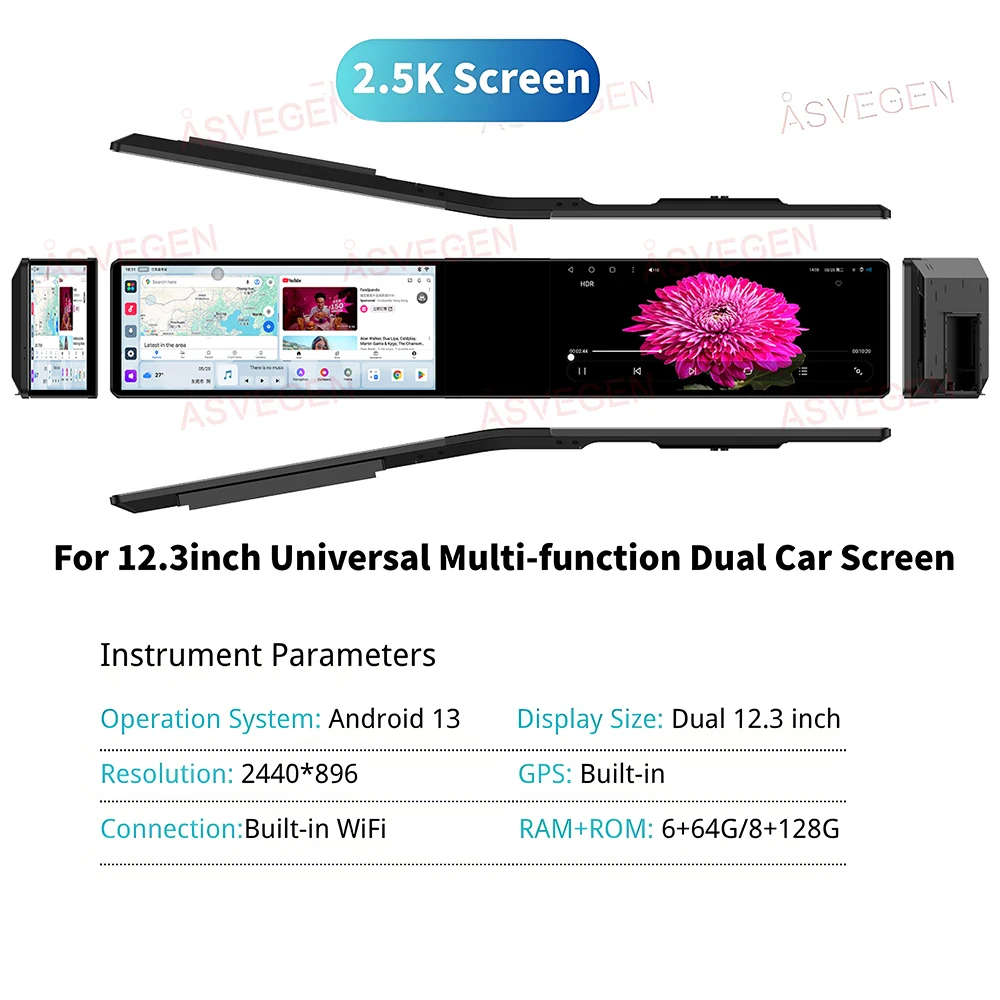 Dual 12.3 Inch Portable For Player For Car With 2.5K HD Screen For DSP CD Player Android 13 Reversing Aid & Built-in GPS