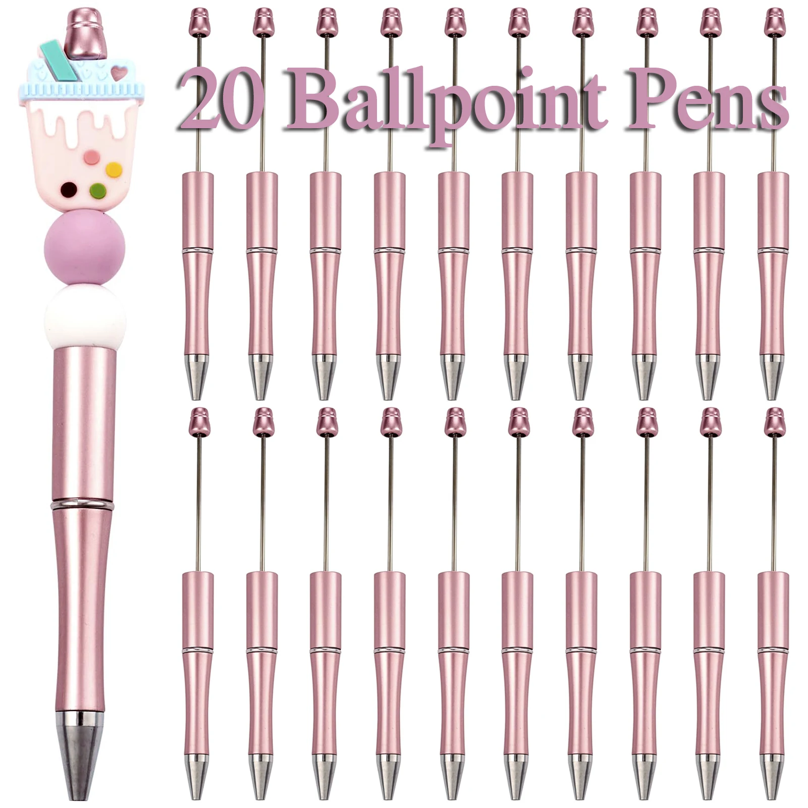 

20Pcs Pink Beaded Students Plastic Beadable Writing Supplies Bead Pen Ballpoint Pens