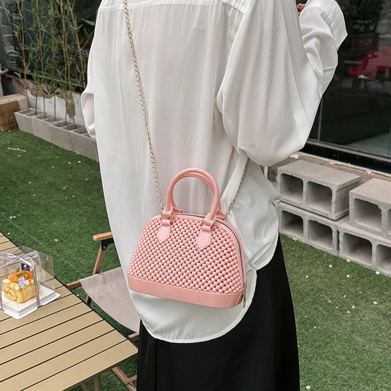 Creative Jelly Color PVC Bags for Women Shell Handbags Fashion Chain Crossbody Shoulder Bags Small Ball Pattern Top Handle Bag