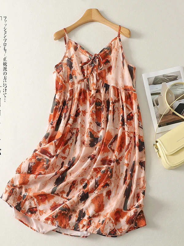 

High-End Beach Vacation Dopaamine Strap Dress Women's Fashion Artistic Style Midi Dress Summer Casual V-Neck Sleeveless A-Lin...