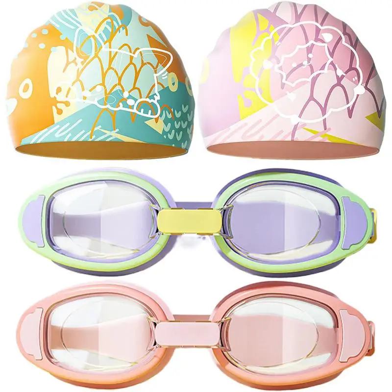 

Kids Swim Goggles Anti-Fog Goggles And Silicone Caps Set For Kids UV Protection Water Play Accessories For Ages 3-12 Children Bo
