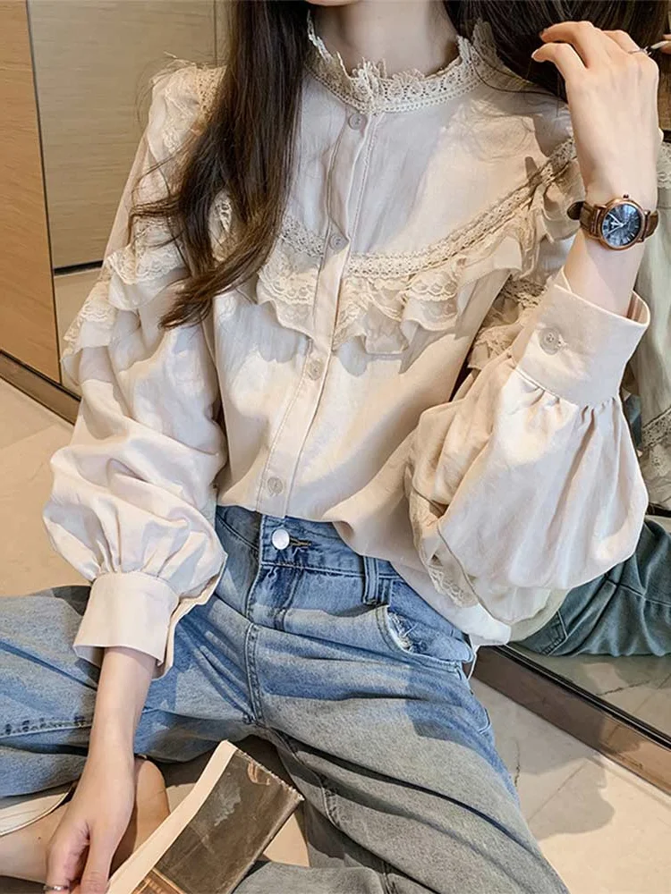 Japanese Lolita Style Women Shirt Blouse Autumn Spring Ruffle Collar Female Blusas Cute Kawaii Lantern Sleeve Tops Blouse