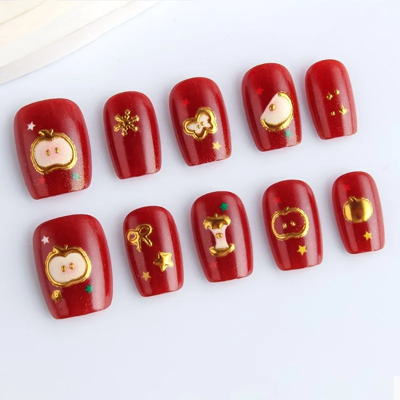 

24PCS Red Apple Press on Nails Bow Snowflake Gilt Design Christmas New false Nails Wear Short Ladder False Nails for Women girls
