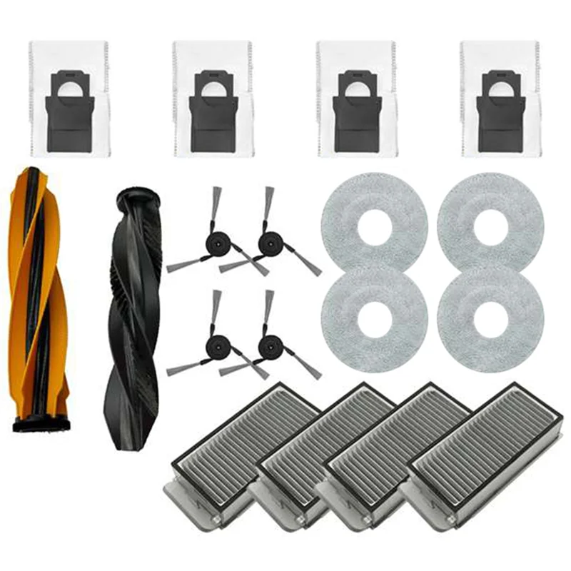 Akcesoria kompatybilne z Dreame X50 Ultra: szczotka główna, szczotki boczne, filtr HEPA, nakładki mopujące, worki na kurz, części zamienne.