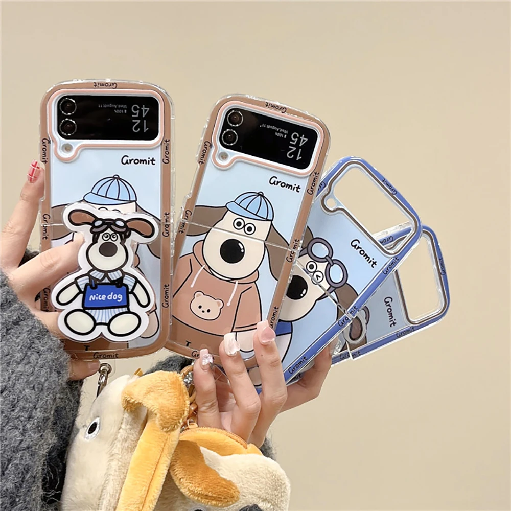 Cute Gromits with Pendant Bring Support Phone Case for Samsung Galaxy Z Flip 3 4 Z Flip 5 6 5G PC Hard Anti-drop Back Cover Gift