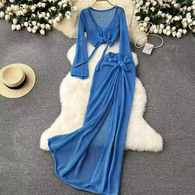 

Bonny knitting Long Sleeve Bonds Top One piece Skirt Women Beach Vacation Bikini Cover Up Sun Bathing SeeThrough Sunscreen Smock