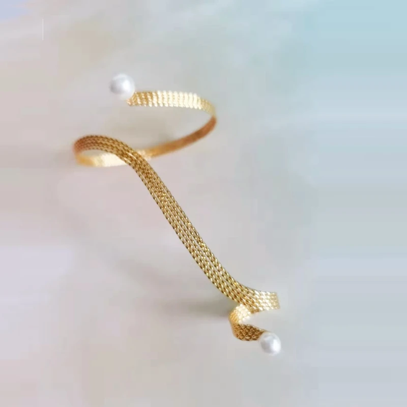 Fashion 18K Gold Color Metal Net Cuff Palm Bangle Link Finger Ring One Piece Simulated Pearl Hand Palm Bangle Jewelry New Trendy