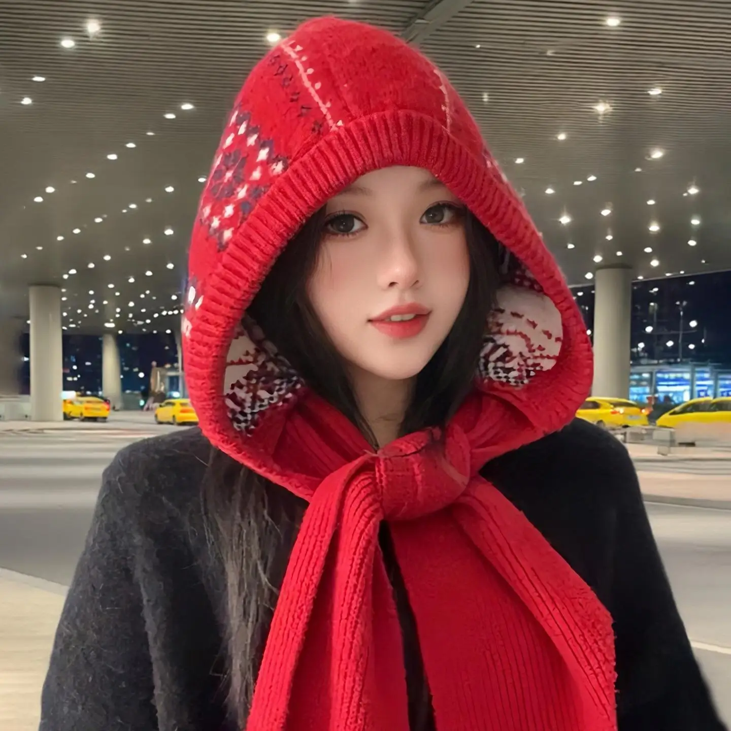 Knitted Balaclava Caps for Women Warm Collar Hooded Hat Thick Warm Beanies One-Piece Neck cover Scarf Cap Ski Cold Winter Hats
