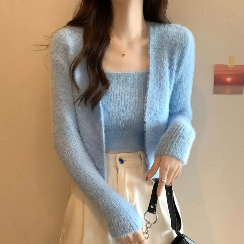 Knitted 2024 Woman Cardigan Long Sleeve Ropa Mujer V-neck Outerwears Autumn Sweater Casual Cardigans with Camis 2 Piece Sets